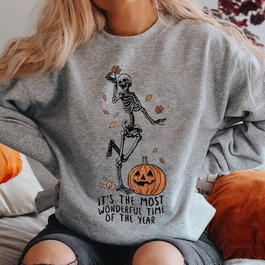 Halloween Skeleton & Pumpkin Print Sweatshirts Casual Long S